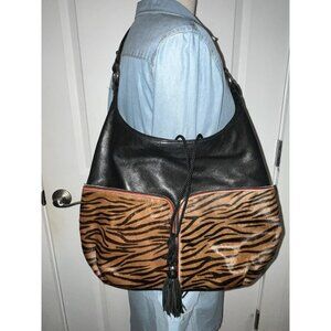 Cowhide Leather Tote Hand Bag Black Hair On Hide Purse Tiger Stripes Lg Maddona